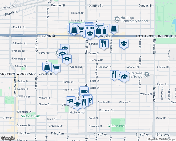 map of restaurants, bars, coffee shops, grocery stores, and more near 850 Nanaimo Street in Vancouver