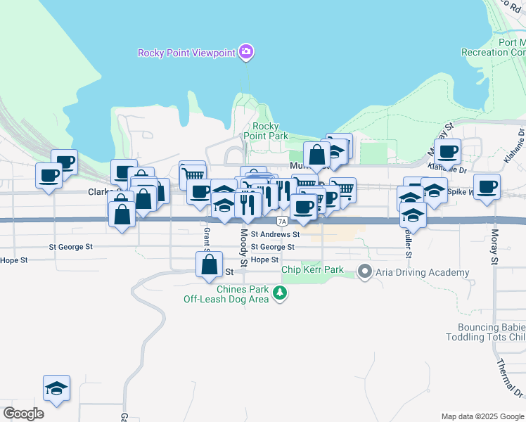 map of restaurants, bars, coffee shops, grocery stores, and more near 2821 Barnet Highway in Port Moody