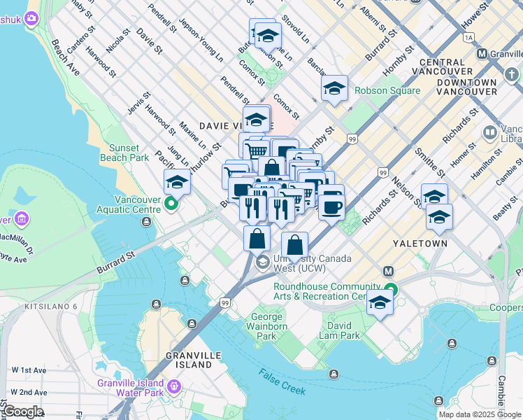 map of restaurants, bars, coffee shops, grocery stores, and more near 1308 Hornby Street in Vancouver