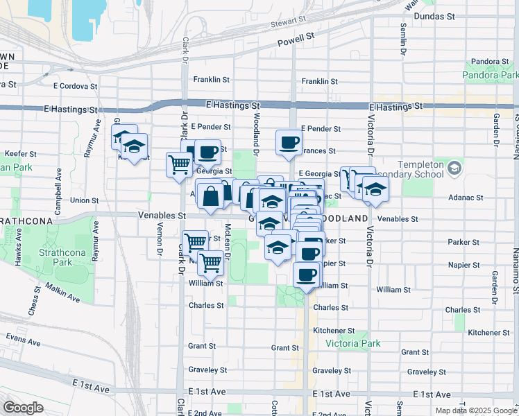 map of restaurants, bars, coffee shops, grocery stores, and more near in Vancouver