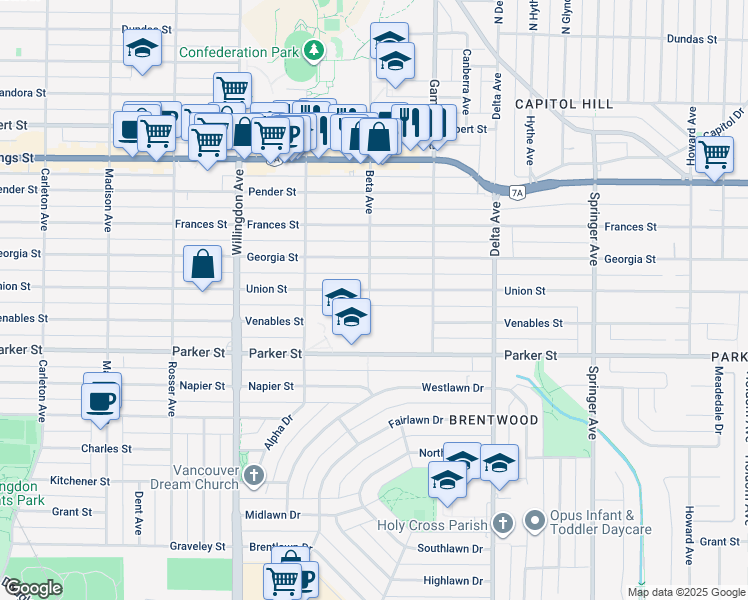 map of restaurants, bars, coffee shops, grocery stores, and more near 888 Beta Avenue in Burnaby