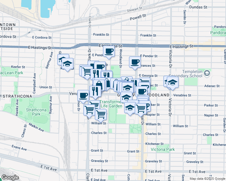 map of restaurants, bars, coffee shops, grocery stores, and more near in Vancouver