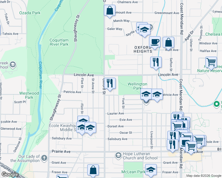 map of restaurants, bars, coffee shops, grocery stores, and more near 3643 Kennedy Street in Port Coquitlam