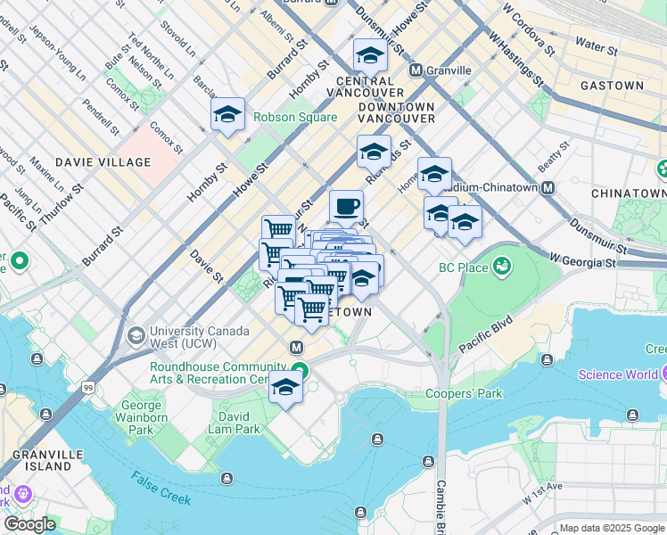 map of restaurants, bars, coffee shops, grocery stores, and more near 1006 Homer Street in Vancouver