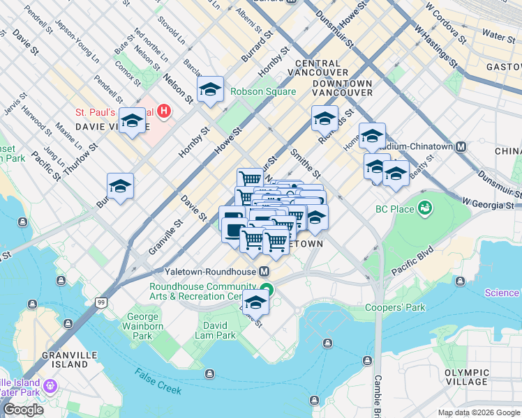 map of restaurants, bars, coffee shops, grocery stores, and more near 1088 Richards Street in Vancouver