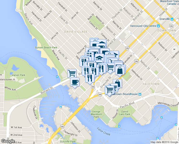 map of restaurants, bars, coffee shops, grocery stores, and more near in Vancouver