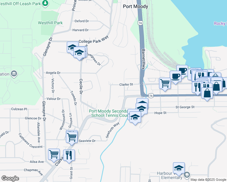 map of restaurants, bars, coffee shops, grocery stores, and more near 1924 Highview Place in Port Moody