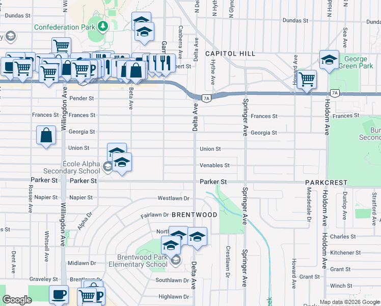 map of restaurants, bars, coffee shops, grocery stores, and more near 4890 Union Street in Burnaby