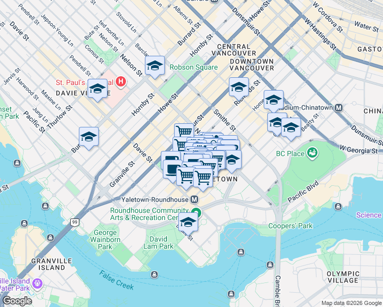 map of restaurants, bars, coffee shops, grocery stores, and more near 1128 Homer Street in Vancouver