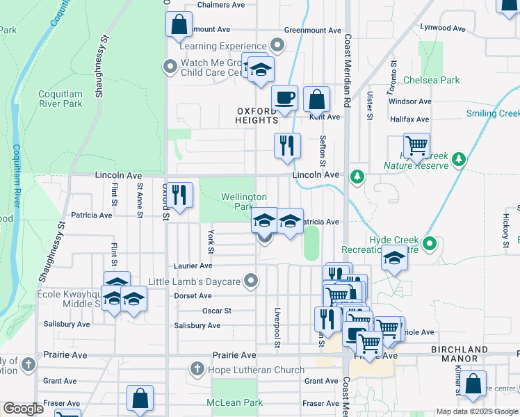 map of restaurants, bars, coffee shops, grocery stores, and more near 3632 Wellington Street in Port Coquitlam
