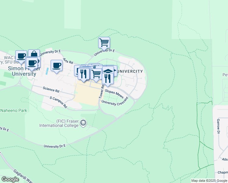 map of restaurants, bars, coffee shops, grocery stores, and more near 9228 Slopes Mews in Burnaby