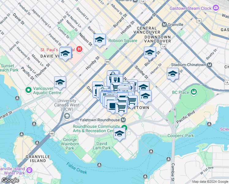 map of restaurants, bars, coffee shops, grocery stores, and more near 508 Helmcken Street in Vancouver