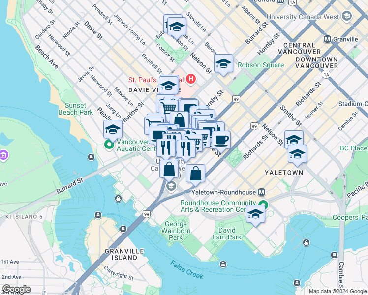 map of restaurants, bars, coffee shops, grocery stores, and more near 1283 Howe Street in Vancouver