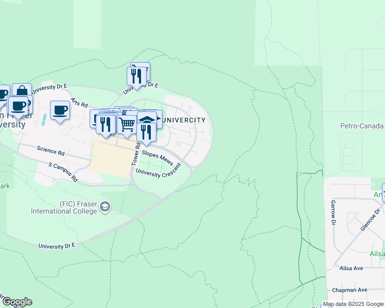 map of restaurants, bars, coffee shops, grocery stores, and more near 9370 University Crescent in Burnaby
