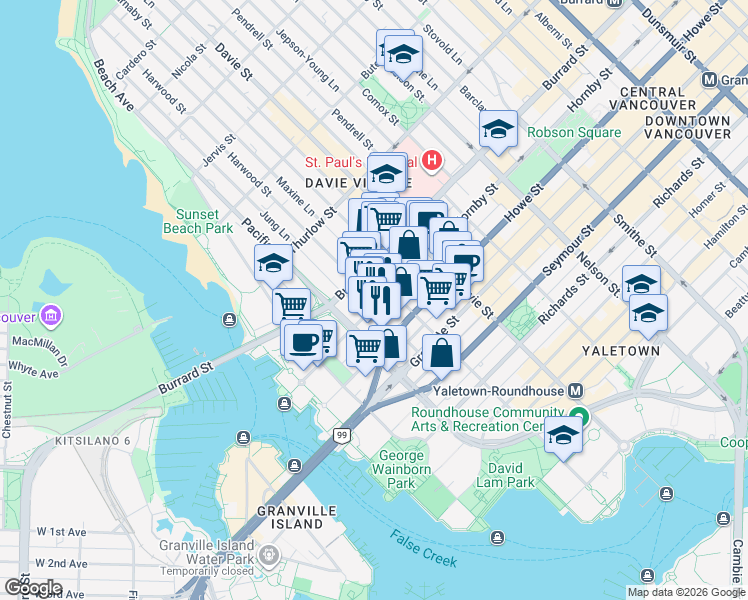 map of restaurants, bars, coffee shops, grocery stores, and more near 1333 Hornby Street in Vancouver