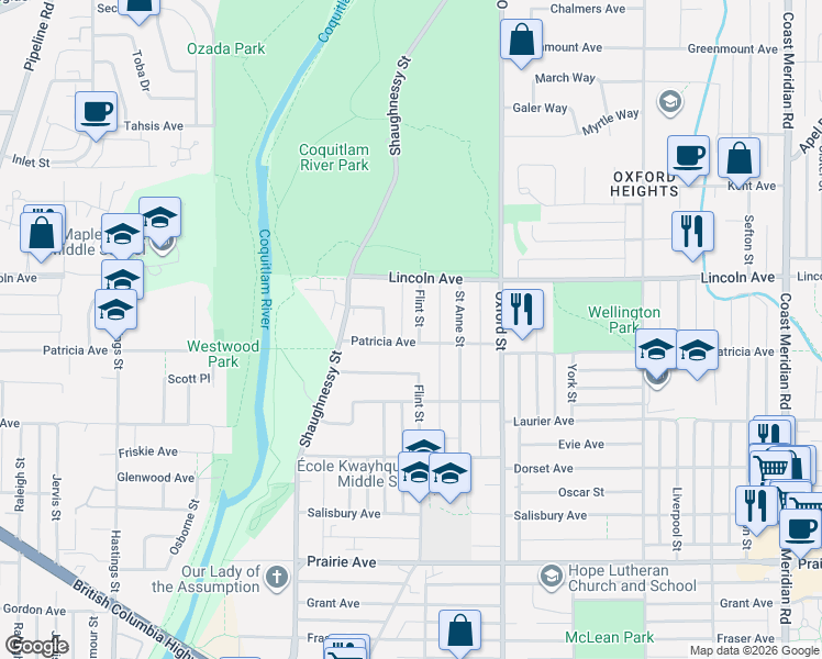 map of restaurants, bars, coffee shops, grocery stores, and more near 3631 Flint Street in Port Coquitlam