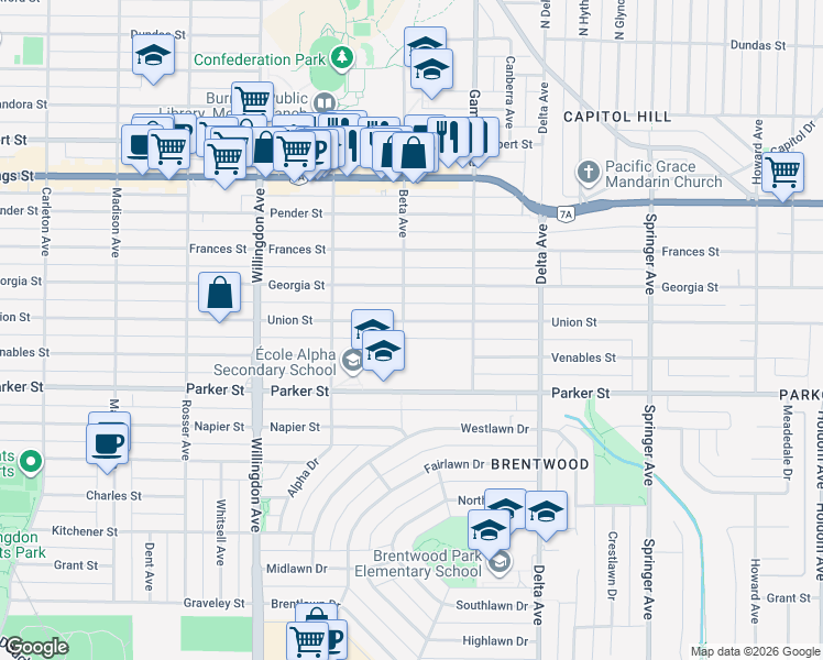 map of restaurants, bars, coffee shops, grocery stores, and more near 4710 Union Street in Burnaby