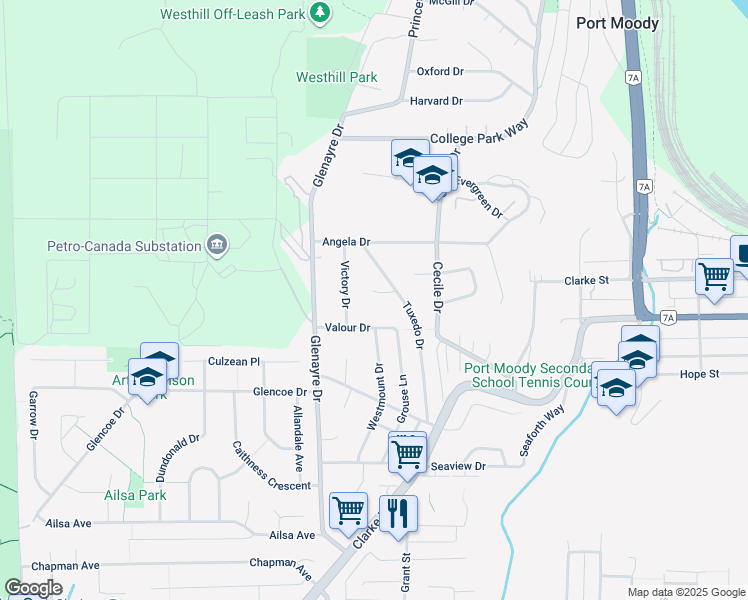 map of restaurants, bars, coffee shops, grocery stores, and more near 5 Tuxedo Place in Port Moody