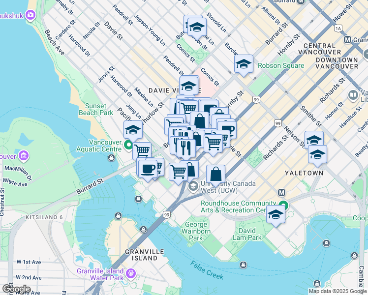 map of restaurants, bars, coffee shops, grocery stores, and more near 1333 Hornby Street in Vancouver
