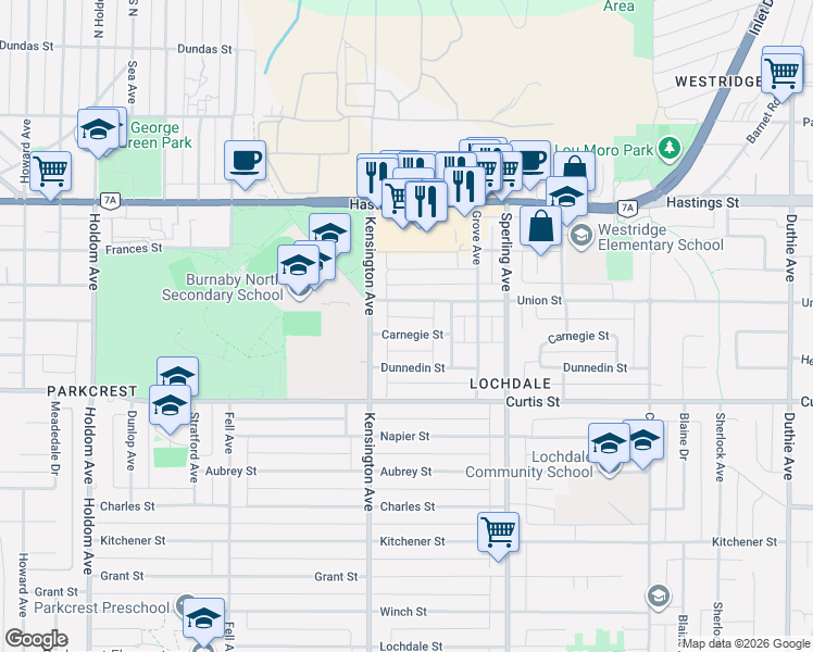 map of restaurants, bars, coffee shops, grocery stores, and more near 6555 Carnegie Street in Burnaby