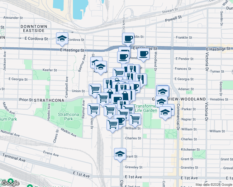 map of restaurants, bars, coffee shops, grocery stores, and more near 1275 Venables Street in Vancouver