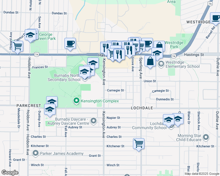 map of restaurants, bars, coffee shops, grocery stores, and more near 6525 Carnegie Street in Burnaby