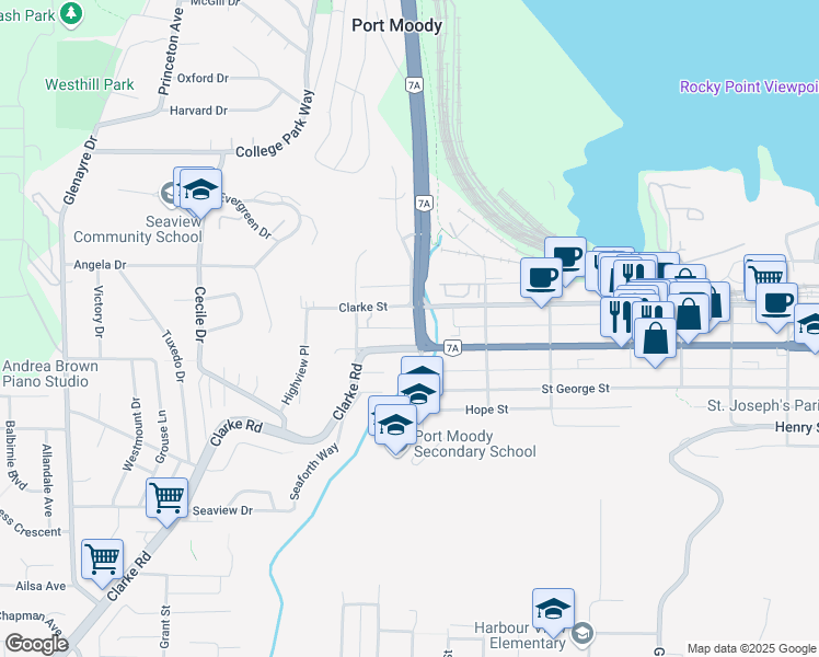 map of restaurants, bars, coffee shops, grocery stores, and more near 103 Spring Street in Port Moody