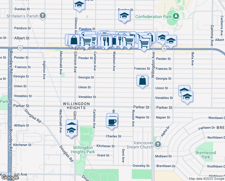 map of restaurants, bars, coffee shops, grocery stores, and more near 811 Madison Avenue in Burnaby