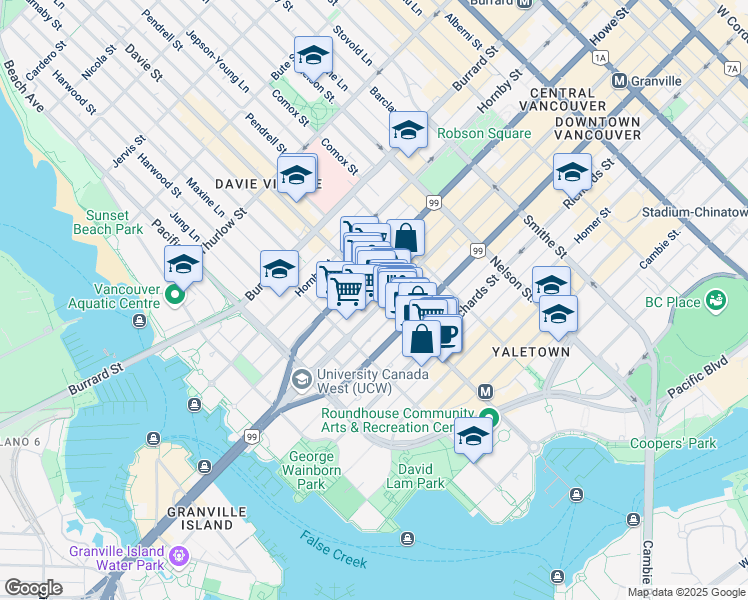 map of restaurants, bars, coffee shops, grocery stores, and more near 1213 Granville Street in Vancouver