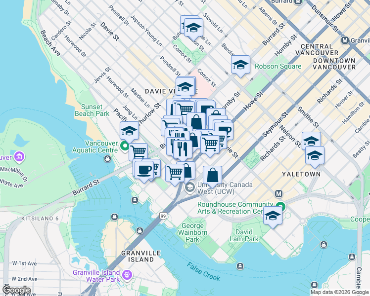 map of restaurants, bars, coffee shops, grocery stores, and more near 1308 Hornby Street in Vancouver