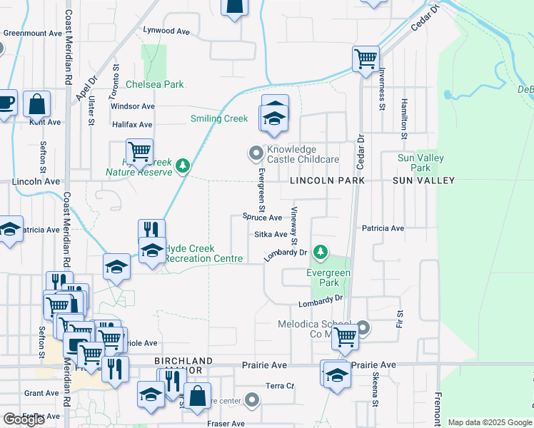 map of restaurants, bars, coffee shops, grocery stores, and more near 3620 Evergreen Street in Port Coquitlam