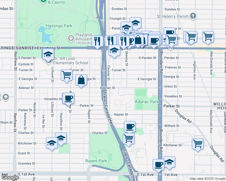 map of restaurants, bars, coffee shops, grocery stores, and more near 3418 Adanac Street in Vancouver