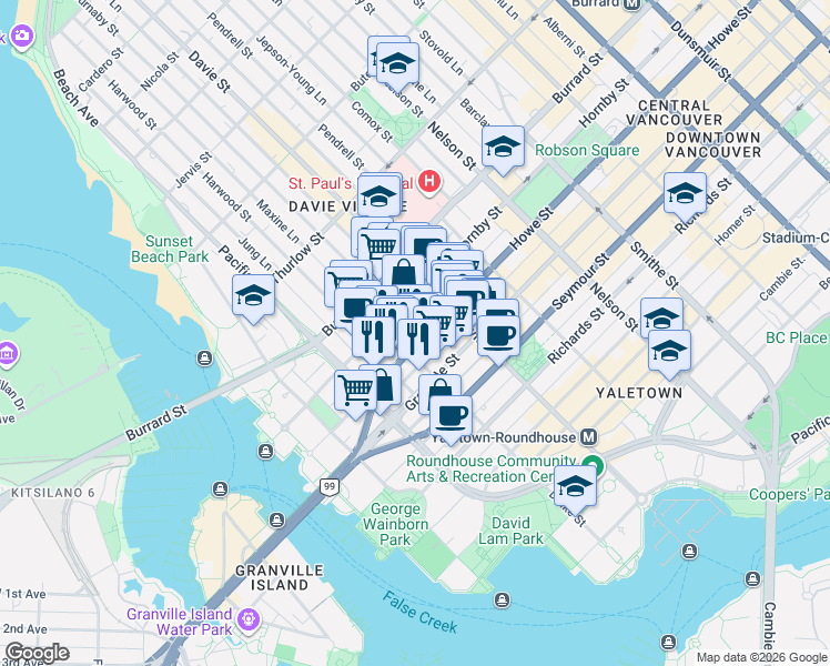 map of restaurants, bars, coffee shops, grocery stores, and more near 1283 Howe Street in Vancouver
