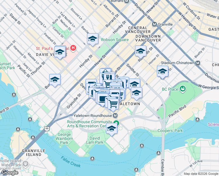 map of restaurants, bars, coffee shops, grocery stores, and more near 1101 Richards Street in Vancouver