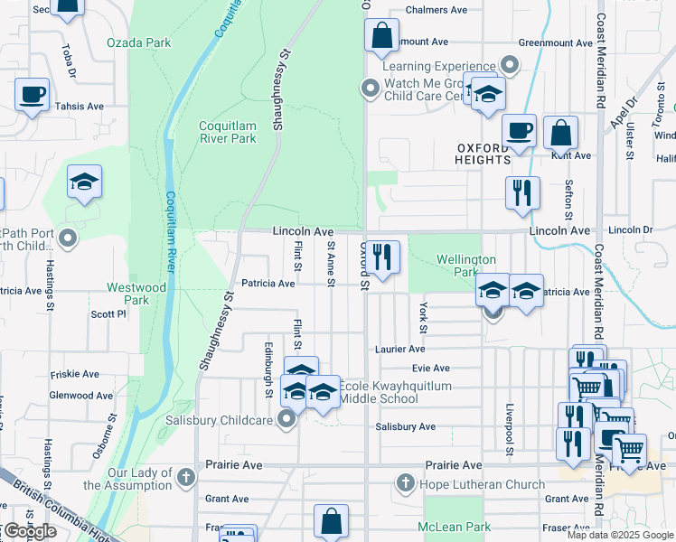 map of restaurants, bars, coffee shops, grocery stores, and more near 3640 Saint Anne Street in Port Coquitlam