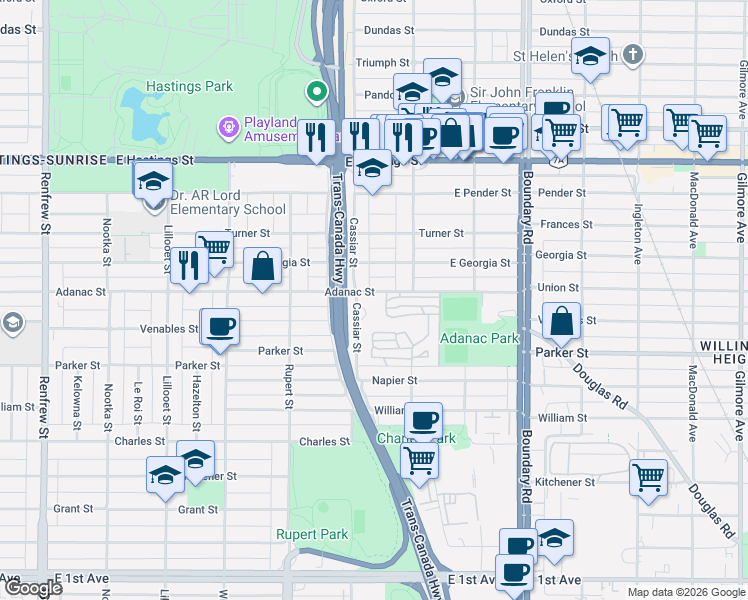 map of restaurants, bars, coffee shops, grocery stores, and more near 3428 Adanac Street in Vancouver