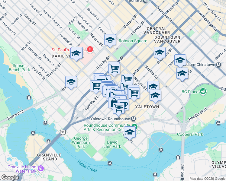 map of restaurants, bars, coffee shops, grocery stores, and more near 1155 Seymour Street in Vancouver