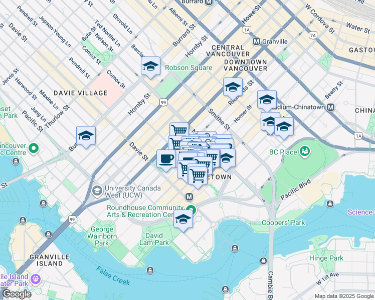 map of restaurants, bars, coffee shops, grocery stores, and more near 1088 Richards Street in Vancouver