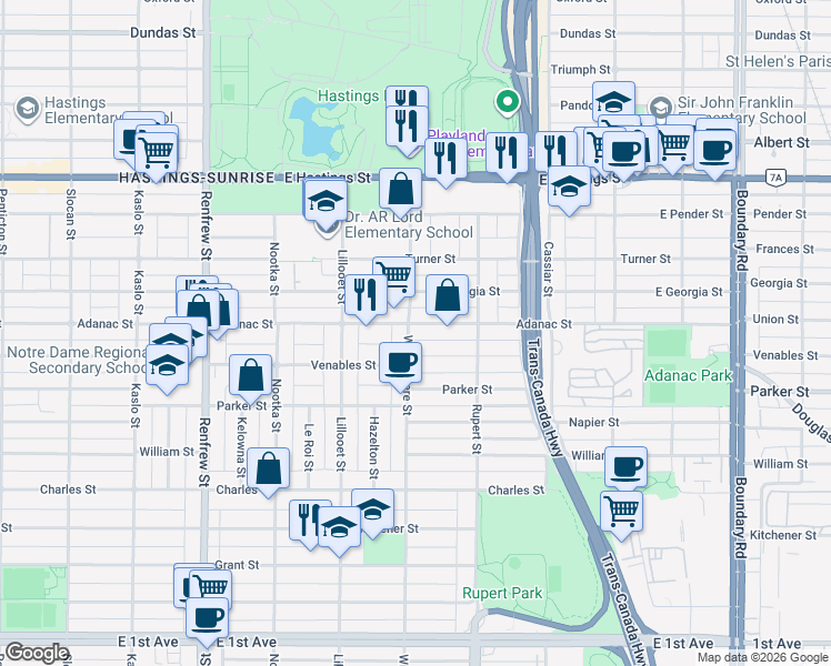 map of restaurants, bars, coffee shops, grocery stores, and more near 3206 Adanac Street in Vancouver