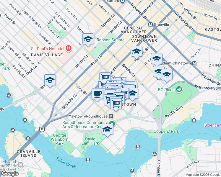 map of restaurants, bars, coffee shops, grocery stores, and more near 1088 Richards Street in Vancouver