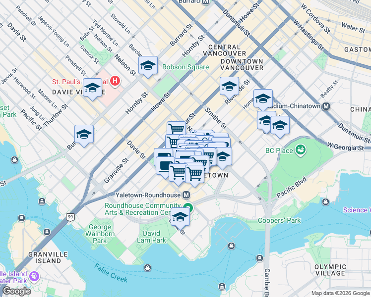 map of restaurants, bars, coffee shops, grocery stores, and more near 1088 Richards Street in Vancouver