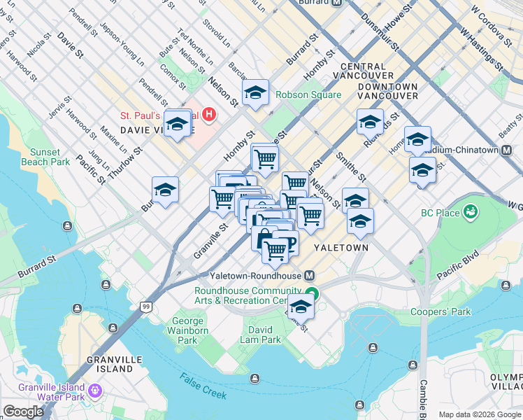 map of restaurants, bars, coffee shops, grocery stores, and more near 1155 Seymour Street in Vancouver