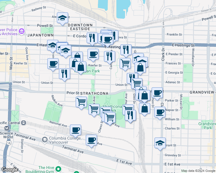 map of restaurants, bars, coffee shops, grocery stores, and more near 888 Union Street in Vancouver