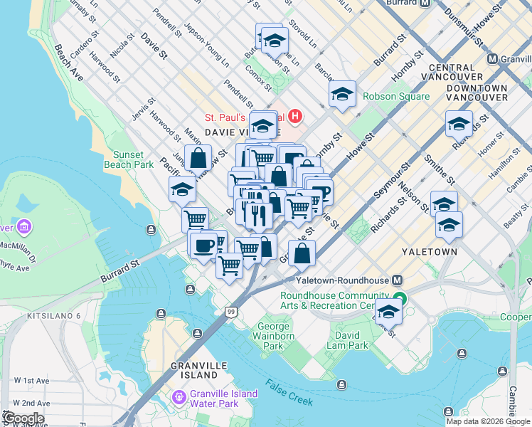 map of restaurants, bars, coffee shops, grocery stores, and more near 1308 Hornby Street in Vancouver