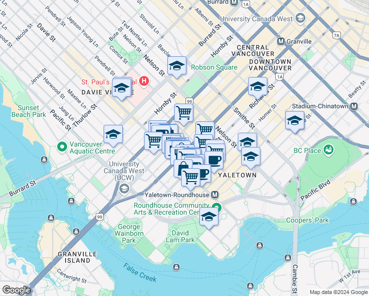 map of restaurants, bars, coffee shops, grocery stores, and more near 1135 Seymour Street in Vancouver
