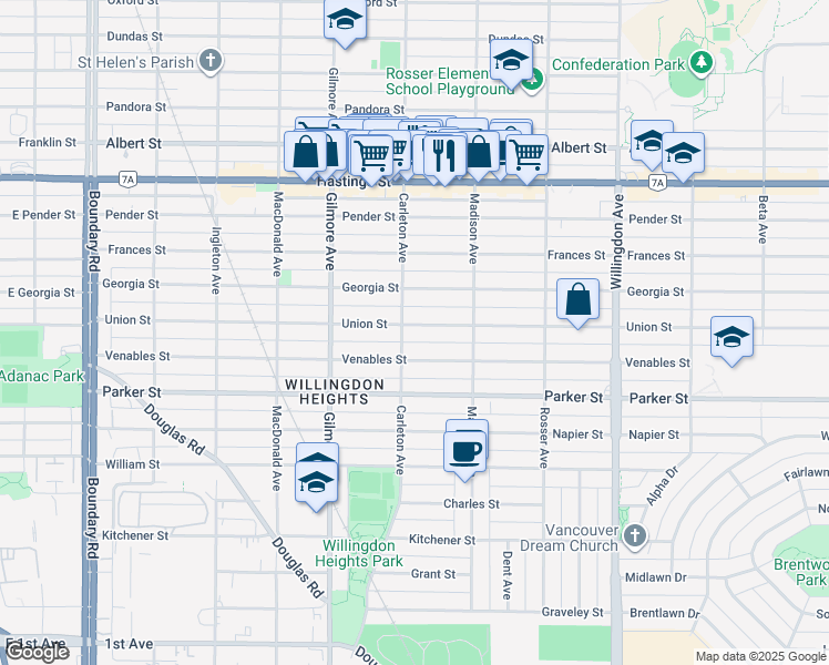 map of restaurants, bars, coffee shops, grocery stores, and more near 4210 Union Street in Burnaby