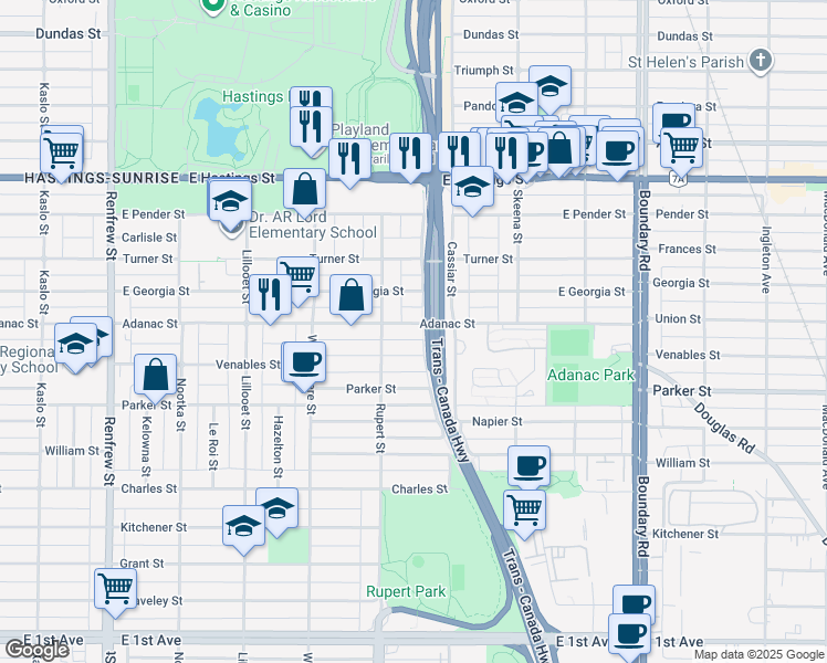 map of restaurants, bars, coffee shops, grocery stores, and more near 3342 Adanac Street in Vancouver