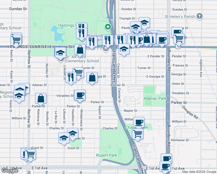map of restaurants, bars, coffee shops, grocery stores, and more near 3342 Adanac Street in Vancouver