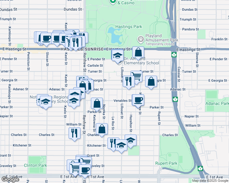 map of restaurants, bars, coffee shops, grocery stores, and more near 3056 Adanac Street in Vancouver