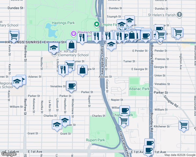 map of restaurants, bars, coffee shops, grocery stores, and more near 3344 Adanac Street in Vancouver